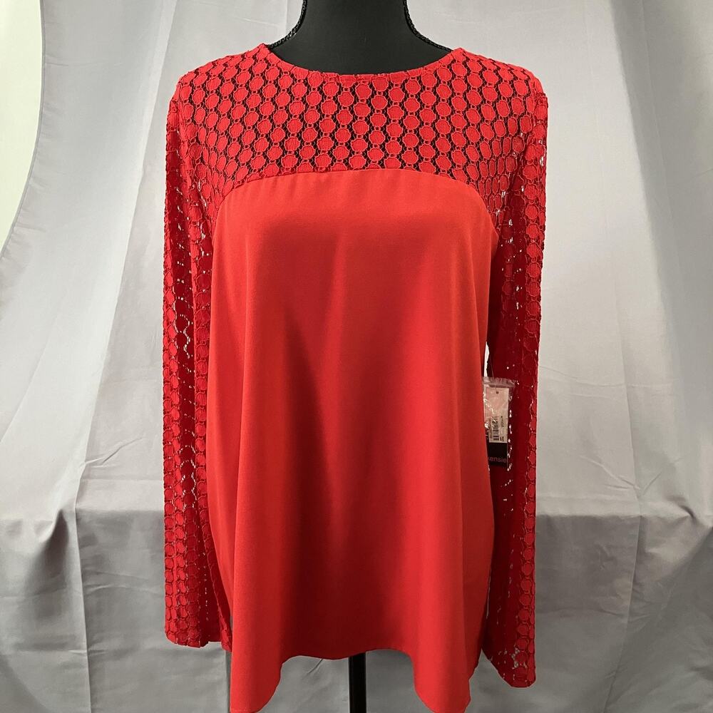 Kensie Blouse Womens XL Red Lace Long Sleeve Sheer Yoke Tunic Top New